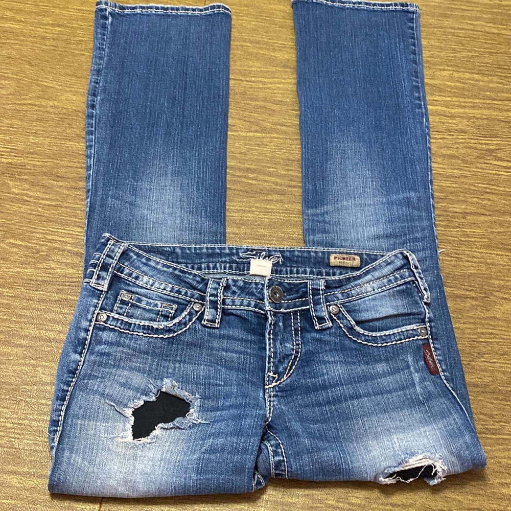 Distressed Silver Brand Pioneer Boot Cut Size 28 Blue Jeans